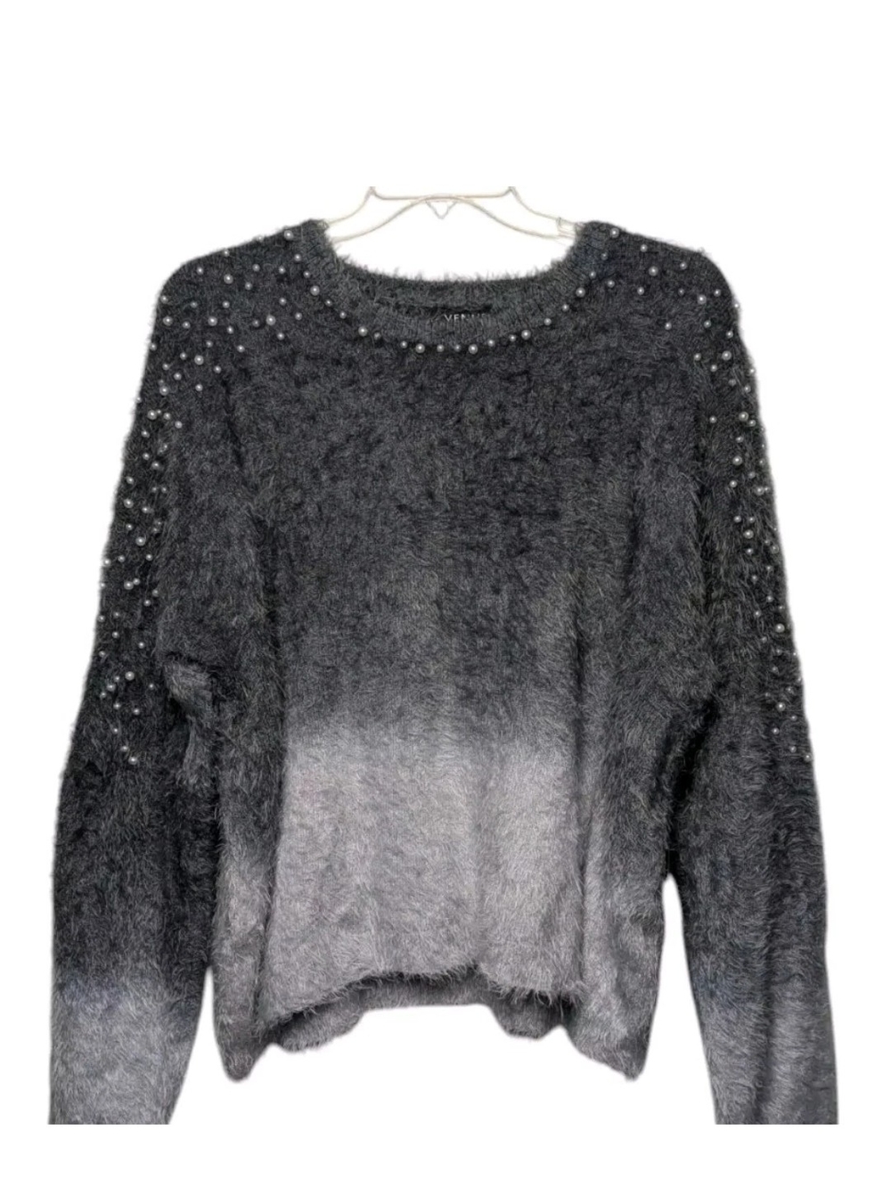 Venus Fuzzy Ombre Pearl-Embellished Sweater - Gray